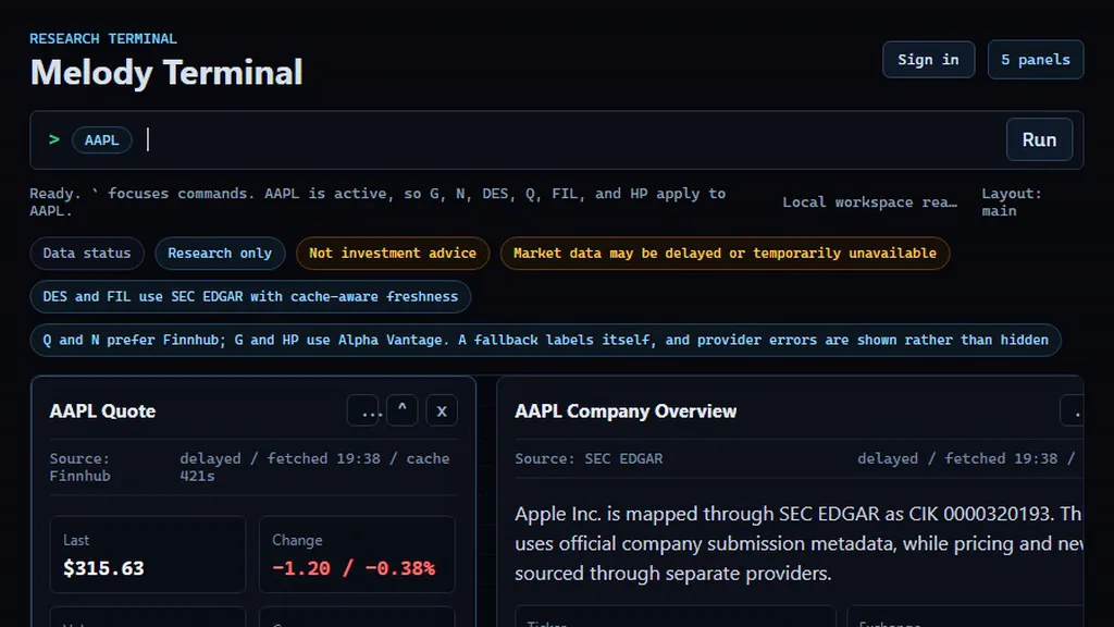 Melody's workspace fills with a delayed AAPL quote and an SEC EDGAR company overview, then the command AAPL G is typed into the terminal bar and opens a live Alpha Vantage price chart