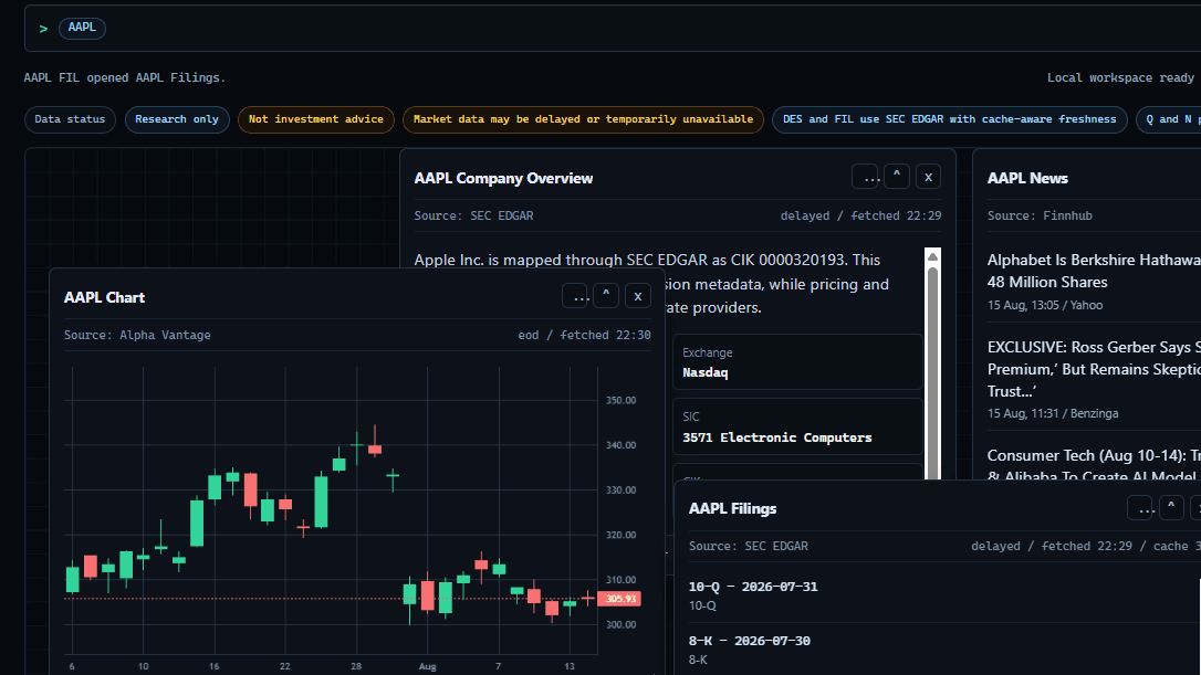 Melody Terminal running AAPL — command bar, company overview, filings, news, chart and watchlist panels