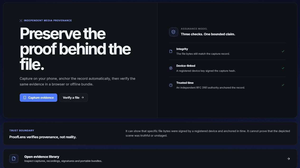 ProofLens dashboard — "Preserve the proof behind the file", with integrity, device-linked and trusted-time checks