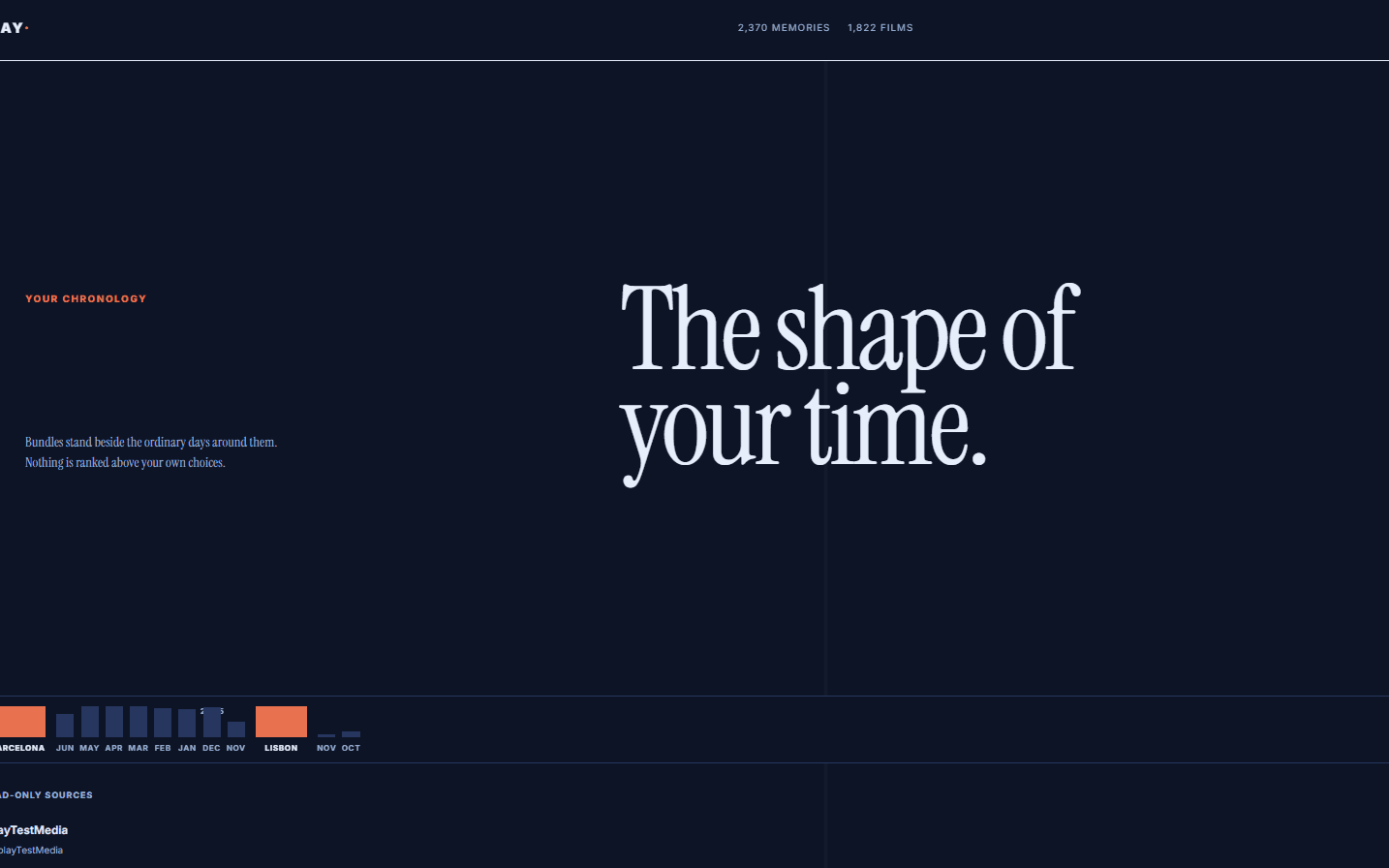 Replay — "The shape of your time.", with a year scrubber marking the months a trip falls in