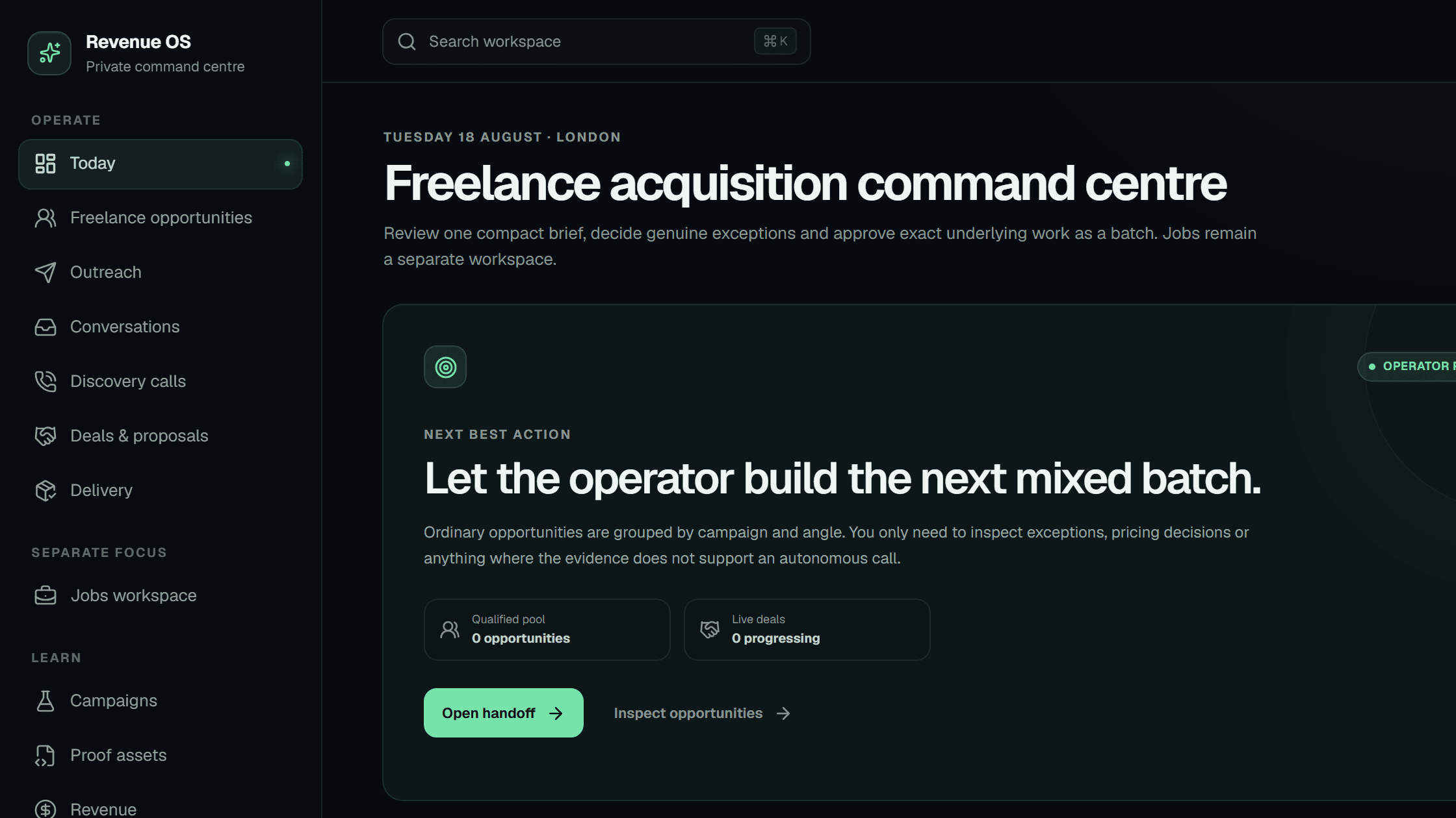 The Revenue OS command centre, showing the next action to approve as a batch
